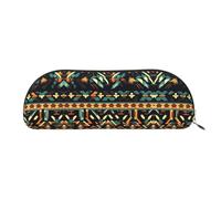 HJLUUFT Native American Patterns Leather Half Round Portable Pen Case and Makeup Bag - Stylish Pencil Pouch for Office, Travel, and Daily Storage