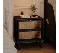 HJMMHX Black Rattan Nightstand with Der, Anti-Collis Corners, Spacious Rubberwood Sto Cabinet for Bedroom, 35cm Modern Design, Slish & Functal Fur