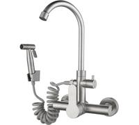 HJMMHX Kitchen Faucets Wall Mount,Brushed Stainless Steel Sink Mixer Tap,Swivel Spout Kitchen Faucets Wall Mount,with Spray Gun,Mixed Hot and Cold Water Faucet