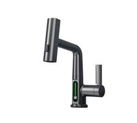 HJMMHX LED Temperature Display Kitchen Faucet Pull-Out Waterfall Basin Tap Hot & Cold Mixer Modern Bathroom Faucet with Spray Function (Grey with Screen)