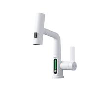 HJMMHX Modern Kitchen Faucet with Temperature LED Display Pull Out Waterfall Sprayer Tap Hot & Cold Mixer for Bathroom & Kitchen (White Finish)