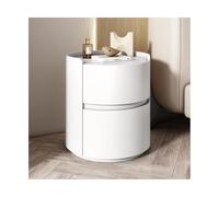 HJMMHX Modern Round Nightstand Solid Wood Storage Table for Bedroom & Living Room Microfiber Leather with 2 Drawers White 45x50cm - Stylish & Functional Design