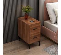 HJMMHX Modern Wood Side Table With Charging Station Two Drawers Light Easy Assembly Narrow Nightstand for Bedroom Small Bedside Table with Storage to Save Space.