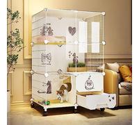 HJMMWT Indoor Playpen,Semi-Enclosed Detachable Crate Cat Enclosure Small Animal Cage With Ladder/Litter Box/Cat Nest/Cat Bowl,Large Exercise Place,With Wheels-77x47x112cm-B
