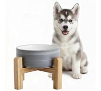 hjn Elevated Ceramic Dog Bowl with Bamboo Stand, Raised Pet Feeding Station for Small Medium Dogs Cats, Modern Design with Anti-Slip Base (White Gray, 3.6Cup)