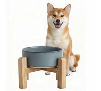 hjn Elevated Ceramic Dog Bowl with Bamboo Stand, Raised Pet Feeding Station for Small Medium Dogs Cats, Modern Design with Anti-Slip Base (Gray Blue, 3.6Cup)