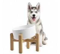 hjn Elevated Dog Bowl Set, Ceramic Double Bowls with Bamboo Stand, 15° Raised Pet Feeder for Small Medium Dogs and Cats, Non-Slip Heavy Weighted Design (White, 3.6Cup)