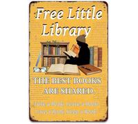 HJNAOKGWHQ Little Library Vintage Tin Sign Rustic Book Exchange Wall Decor for Porch Reading Nook Cafe 8 X 12 in