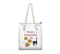 HJOSWVNS Tote Bags Black Cat Pumpkin Beach Bag Polyester Women's Totes Reusable Womens Handbags Washable Tote Bag with Zip School Shopping Bags Foldable Handbags for Women Ladies Handbag 36x37cm/1
