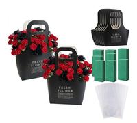 Hjoxa Small 8-Pack Flower Gift Bags with Handles - 12.8-Inch Kraft Paper Floral Bouquet Holders for Mother’s Day, Wedding, Party Favors - Includes 8 Foam Blocks & 8 Waterproof Liners (Classic Black)