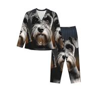 HJRT Womens Pajamas Set Button Down Pjs Animal Schnauzer Dog Long Sleeve Sleepwear with Pocket Nightwear Lounge Sets M Black