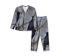 HJRT Womens Pajamas Set Button Down Pjs Black Crow Birds Long Sleeve Sleepwear with Pocket Nightwear Lounge Sets 2XL