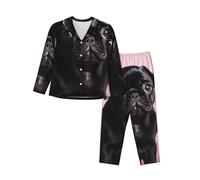 HJRT Womens Pajamas Set Button Down Pjs Cute Black Pug Long Sleeve Sleepwear with Pocket Nightwear Lounge Sets XL