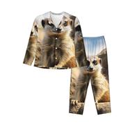 HJRT Womens Pajamas Set Button Down Pjs Meerkat Animal Long Sleeve Sleepwear with Pocket Nightwear Lounge Sets 2XL Black