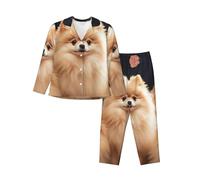 HJRT Womens Pajamas Set Button Down Pjs Pomeranians Puppies Long Sleeve Sleepwear with Pocket Nightwear Lounge Sets XL Black