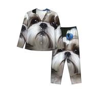 HJRT Womens Pajamas Set Button Down Pjs Shih Tzu Dog Long Sleeve Sleepwear with Pocket Nightwear Lounge Sets L Black