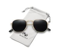 HJSTES Small Polarized Sunglasses Women Men Trendy Hexagonal Metal Frame Mirrored Lens UV Protection, A01 Gold/Grey, M