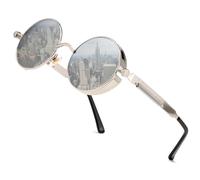 HJSTES Vintage Round Steampunk Sunglasses for Women Men Circle Gothic Glasses Retro Metal Frame, A08 Silver Mirrored/Silver Frame, M