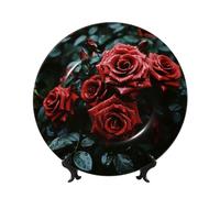 HJTRW Bone China Decorative Plate Art Crafts Ceramic Decorative Plate With Display Stand Ceramic Ornament Red and black rose Round Dinner Plates Wall Hanging for Home Office Wall Decor 7in