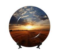 HJTRW Bone China Decorative Plate Art Crafts Ceramic Decorative Plate With Display Stand Ceramic Ornament Field sunrise Round Dinner Plates Wall Hanging for Home Office Wall Decor 8in