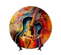 HJTRW Bone China Decorative Plate Art Crafts Ceramic Decorative Plate With Display Stand Ceramic Ornament Abstract Watercolor Guitar Round Dinner Plates Wall Hanging for Home Office Wall Decor 7in