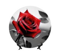 HJTRW Bone China Decorative Plate Art Crafts Ceramic Decorative Plate With Display Stand Ceramic Ornament Black and White Red Rose Round Dinner Plates Wall Hanging for Home Office Wall Decor 8in