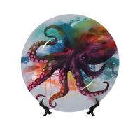 HJTRW Bone China Decorative Plate Art Crafts Ceramic Decorative Plate With Display Stand Ceramic Ornament Abstract Colorful Octopus Round Dinner Plates Wall Hanging for Home Office Wall Decor 6in