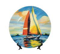 HJTRW Bone China Decorative Plate Art Crafts Ceramic Decorative Plate With Display Stand Ceramic Ornament Colorful Sail Boat Round Dinner Plates Wall Hanging for Home Office Wall Decor 6in