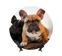 HJTRW Bone China Decorative Plate Art Crafts Ceramic Decorative Plate With Display Stand Ceramic Ornament Cute French Bulldog Round Dinner Plates Wall Hanging for Home Office Wall Decor 8in