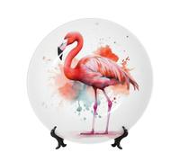 HJTRW Bone China Decorative Plate Art Crafts Ceramic Decorative Plate With Display Stand Ceramic Ornament Watercolor Flamingo Round Dinner Plates Wall Hanging for Home Office Wall Decor 7in