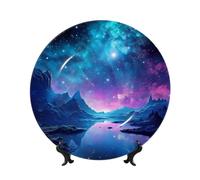 HJTRW Bone China Decorative Plate Art Crafts Ceramic Decorative Plate With Display Stand Ceramic Ornament Cool star river Round Dinner Plates Wall Hanging for Home Office Wall Decor 7in