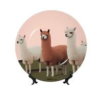 HJTRW Bone China Decorative Plate Art Crafts Ceramic Decorative Plate With Display Stand Ceramic Ornament Alpacas Round Dinner Plates Wall Hanging for Home Office Wall Decor 8in