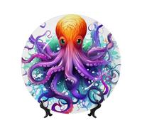 HJTRW Bone China Decorative Plate Art Crafts Ceramic Decorative Plate With Display Stand Ceramic Ornament Colorful Octopus Round Dinner Plates Wall Hanging for Home Office Wall Decor 7in