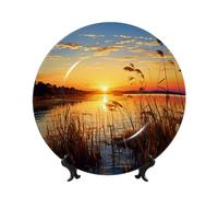 HJTRW Bone China Decorative Plate Art Crafts Ceramic Decorative Plate With Display Stand Ceramic Ornament Reeds by the river Round Dinner Plates Wall Hanging for Home Office Wall Decor 8in
