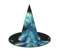 HJTRW Women's Witch Hat Oversized Witches Hats Blue Watercolor Octopus Halloween Wizard Hat Party Cosplay Costume Accessory