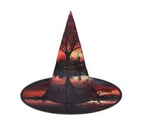 HJTRW Women's Witch Hat Oversized Witches Hats Red Tree Lake Moon Halloween Wizard Hat Party Cosplay Costume Accessory, Black, 3 PCS