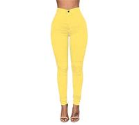 HJUGHPN Ladies Trousers Solid Color Skinny Jeans Women's White Black High Waist Bottoming Jeans Sexy Trousers Women Casual Pencil Pants Denim Jeans(Yellow,Small)