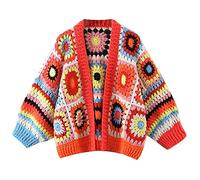 HJUGHPN Sweater Women Multicolor Knitted Colorful Sweater Cardigan Coat Patchwork Crochet Floral Quality All-Match Wear