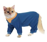 Hjumarayan Full Coverage Warm Fleece Jumper, Sticky Hair Clothes with Four-leg, Long Sleeve Cat Onesie Post Surgery Stretchy Body Suit to Stop Licking, Blue XL