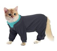 Hjumarayan Full Coverage Warm Fleece Jumper, Sticky Hair Clothes with Four-leg, Long Sleeve Cat Onesie Post Surgery Stretchy Body Suit to Stop Licking, Grey XL