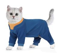 Hjumarayan Sticky Hair Cat Onesie - Cat Overgrooming Suit, Stretchy Body Suit to Stop Licking, Full Coverage Warm Fleece Jumper with Four-leg, Long Sleeve Clothes, Blue M