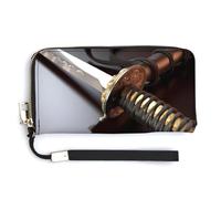 HJUQNGF Black White Piano Keyboard Wristlet Long Wallet Womens Purse Wallet Zip Clutch Large Capacity Leather Purse Credit Card Holder Coin Purse, Japan Samurai Sword, 20.0*10.5cm