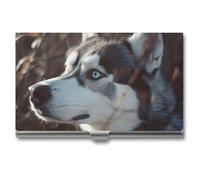 HJUQNGF Business Card Holder Blue Eyed Husky Dog Business Card Case Slim Pocket Card Holders Name Card Holder Metal Business Card Organizer Business Card Carrier for Men Women, silver, 3.7x2.2x0.3