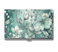 HJUQNGF Business Card Holder Mint Green Floral Business Card Case Slim Pocket Card Holders Name Card Holder Metal Business Card Organizer Business Card Carrier for Men Women, silver, 3.7x2.2x0.3