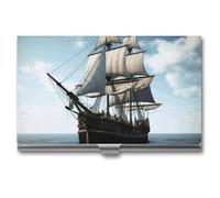 HJUQNGF Business Card Holder Old Sailing Ship Business Card Case Slim Pocket Card Holders Name Card Holder Metal Business Card Organizer Business Card Carrier for Men Women, silver, 3.7x2.2x0.3 Inches
