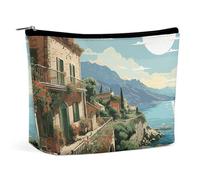 HJUQNGF Cosmetic Bag Draw Two Cats Portable Toiletry Bag Large Capacity Travel Makeup Bag Beauty Makeup Organizer for Full-Sized Shampoo Conditioner Brushes Set Makeup Accessories, Mediterranean