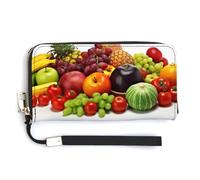 HJUQNGF Flower Sunflower Wristlet Long Wallet Womens Purse Wallet Zip Clutch Large Capacity Leather Purse Credit Card Holder Coin Purse, Variety Fresh Vegetables Fruits, 20.0*10.5cm