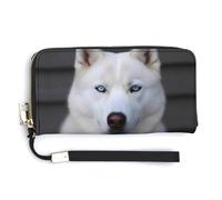 HJUQNGF Halloween Pumpkin Wristlet Long Wallet Womens Purse Wallet Zip Clutch Large Capacity Leather Purse Credit Card Holder Coin Purse, Blue Eyed White Husky, 20.0*10.5cm