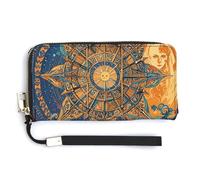 HJUQNGF Tie-dye Blue Wristlet Long Wallet Womens Purse Wallet Zip Clutch Large Capacity Leather Purse Credit Card Holder Coin Purse, Mystic Tarot Card Sun and Moon Face, 20.0*10.5cm