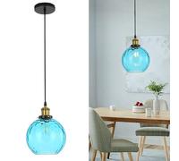 HJXDtech Vintage Industrial Pendant Light - 20cm Artistic Glass Globe Shade, Loft-Style Ceiling Hanging Lamp with Antique Bronze Finish, E27 Base, Perfect for Cafe, Restaurant, Home Decor(Blue)